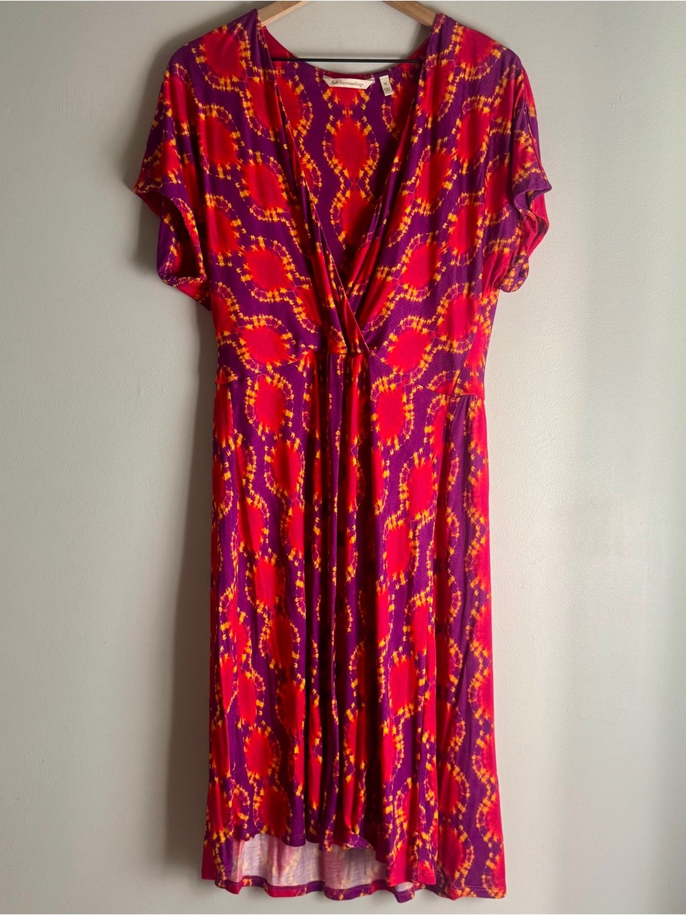 Soft Surroundings Vibrant Purple & Red Printed Short Sleeve Midi Dress Size XL